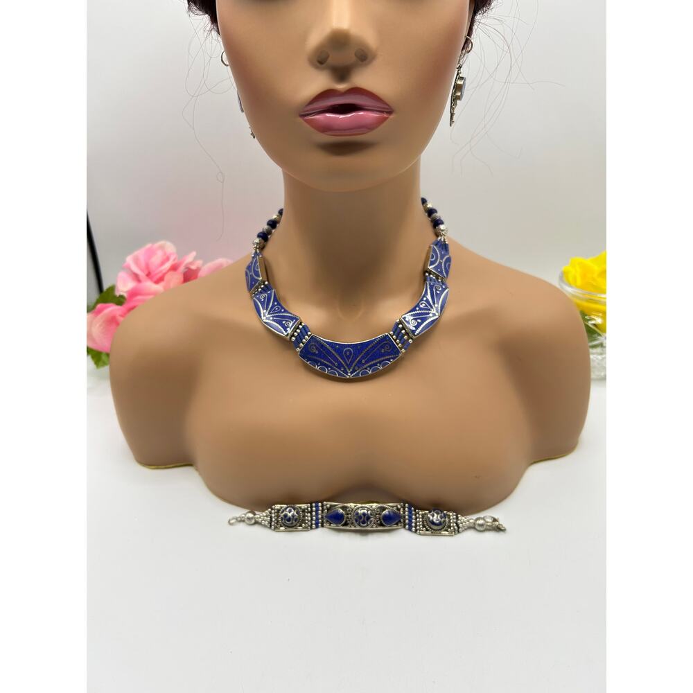 Blue Lapis Tibetan Silver Necklace Bracelet Earrings Set Boho Ethnic Jewelry